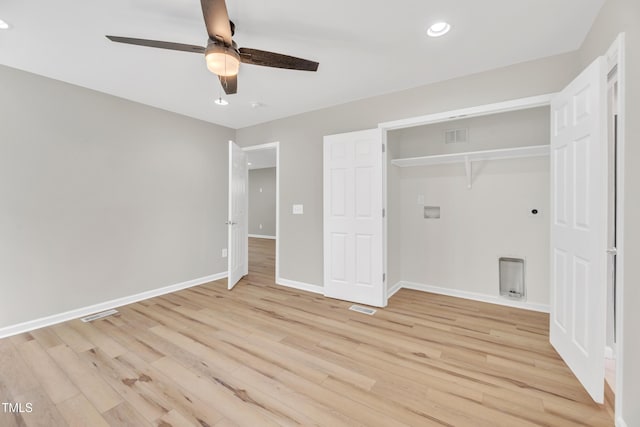 852 Fred Wilder Rd, Franklinton, NC 27525 - unfurnished bedroom featuring baseboards, light wood finished floors, recessed lighting, a ceiling fan, and a closet