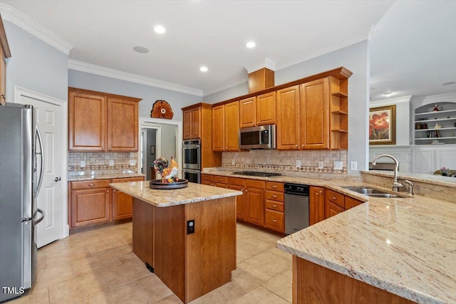 1525 Marshall Farm St, Wake Forest, NC 27587 - kitchen with light stone countertops, a sink, brown cabinets, and appliances with stainless steel finishes