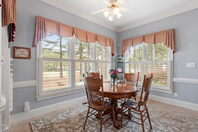 1525 Marshall Farm St, Wake Forest, NC 27587 - dining space featuring tile patterned floors, crown molding, baseboards, visible vents, and ceiling fan