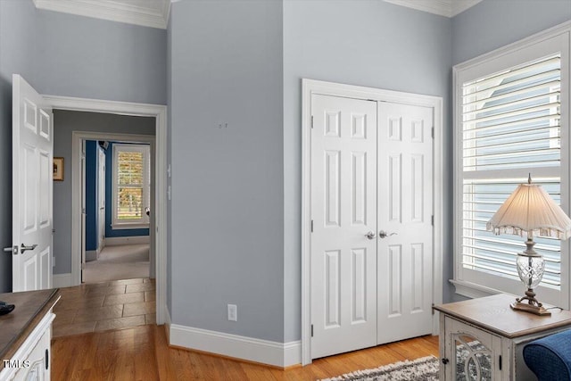 1525 Marshall Farm St, Wake Forest, NC 27587 - hallway with baseboards, light wood-type flooring, and ornamental molding