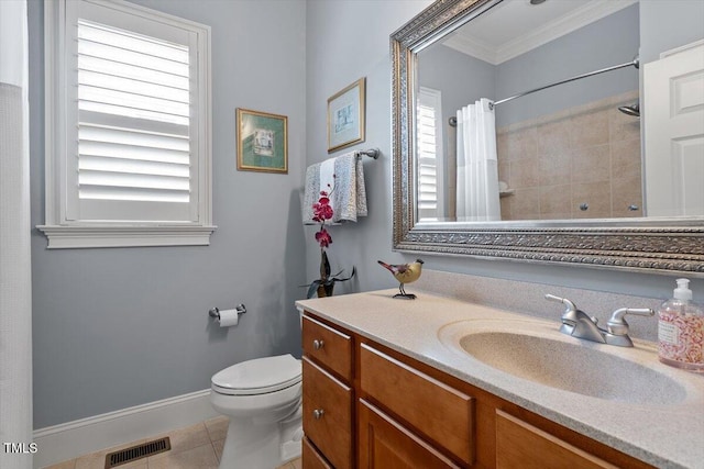 1525 Marshall Farm St, Wake Forest, NC 27587 - full bathroom featuring tile patterned floors, crown molding, toilet, vanity, and visible vents