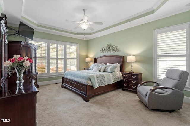 1525 Marshall Farm St, Wake Forest, NC 27587 - bedroom with a tray ceiling, crown molding, light colored carpet, baseboards, and a ceiling fan