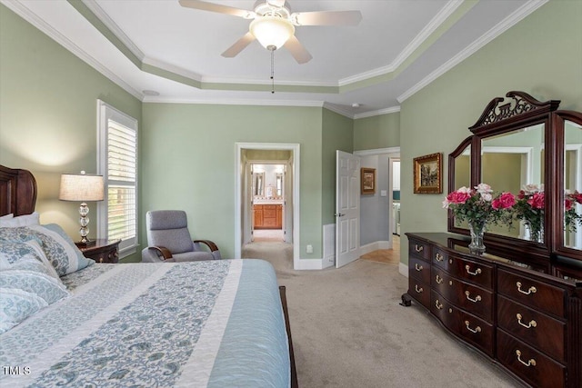 1525 Marshall Farm St, Wake Forest, NC 27587 - bedroom with baseboards, ornamental molding, a ceiling fan, light carpet, and a raised ceiling