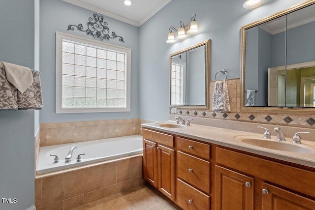 1525 Marshall Farm St, Wake Forest, NC 27587 - bathroom with a sink, crown molding, and a bath