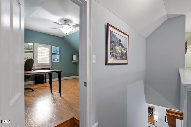 1525 Marshall Farm St, Wake Forest, NC 27587 - interior space with baseboards, vaulted ceiling, wood finished floors, and a ceiling fan