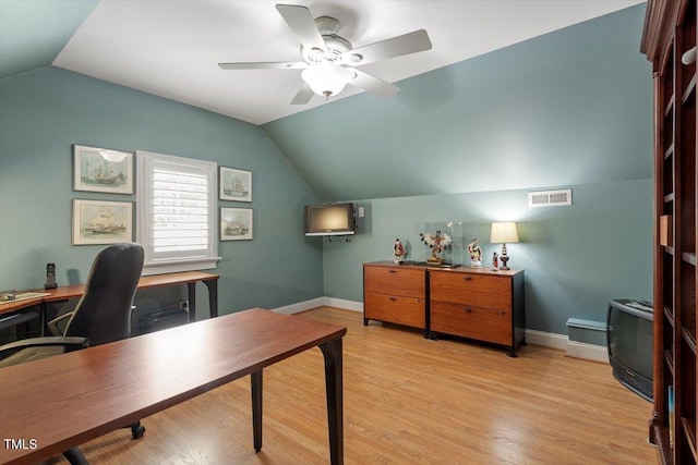 1525 Marshall Farm St, Wake Forest, NC 27587 - office featuring lofted ceiling, baseboards, visible vents, light wood-style floors, and ceiling fan