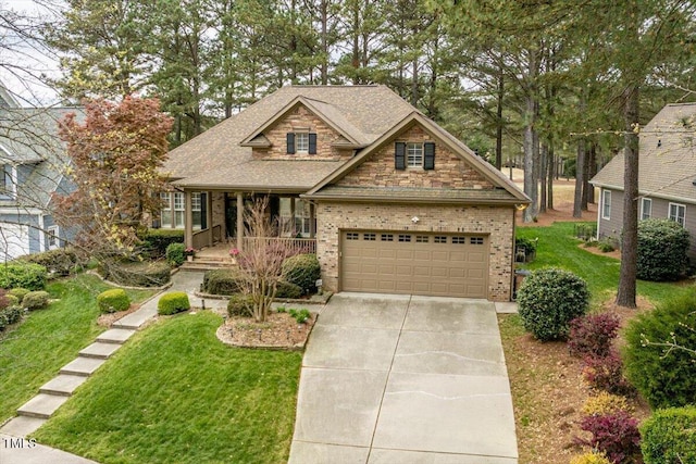 1525 Marshall Farm St, Wake Forest, NC 27587 - craftsman-style home with concrete driveway, roof with shingles, a front lawn, covered porch, and brick siding