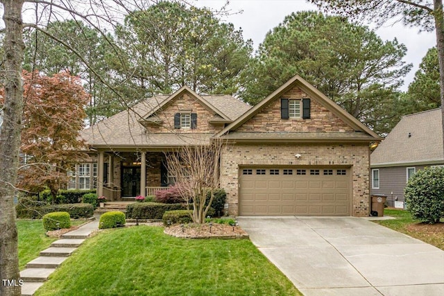 1525 Marshall Farm St, Wake Forest, NC 27587 - craftsman-style house with driveway, a front yard, covered porch, brick siding, and a garage