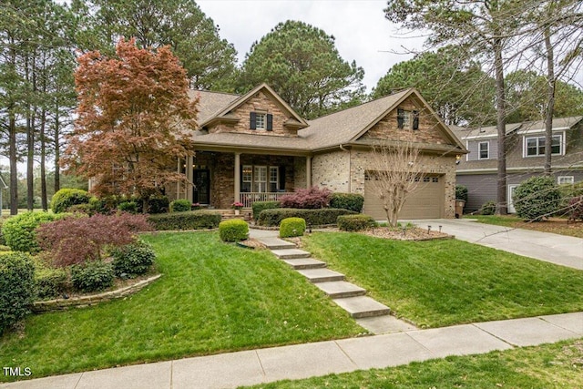 1525 Marshall Farm St, Wake Forest, NC 27587 - craftsman-style home featuring roof with shingles, driveway, a front lawn, covered porch, and a garage