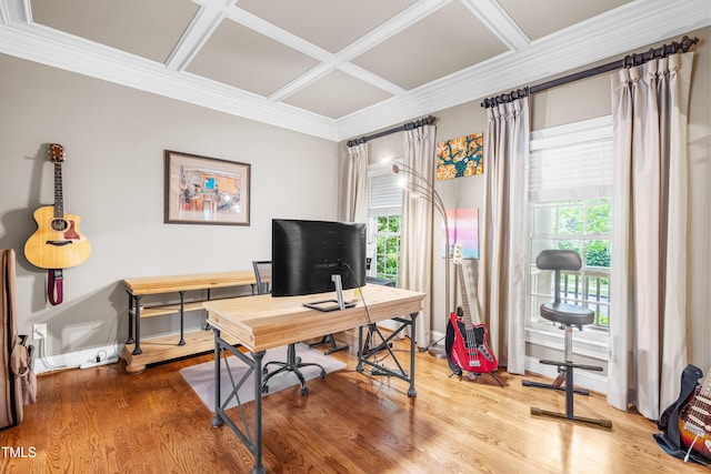 3821 Falls River Ave, Raleigh, NC 27614 - home office with coffered ceiling, plenty of natural light, light wood-type flooring, ornamental molding, and baseboards