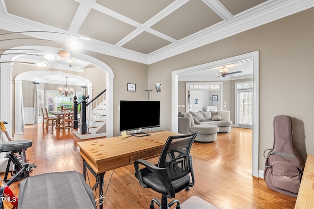 3821 Falls River Ave, Raleigh, NC 27614 - office area featuring decorative columns, arched walkways, a chandelier, coffered ceiling, and healthy amount of natural light