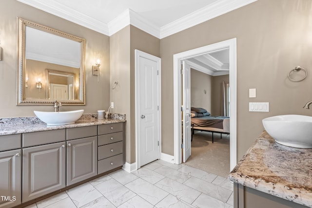 3821 Falls River Ave, Raleigh, NC 27614 - bathroom featuring ornamental molding, vanity, marble finish floors, and baseboards