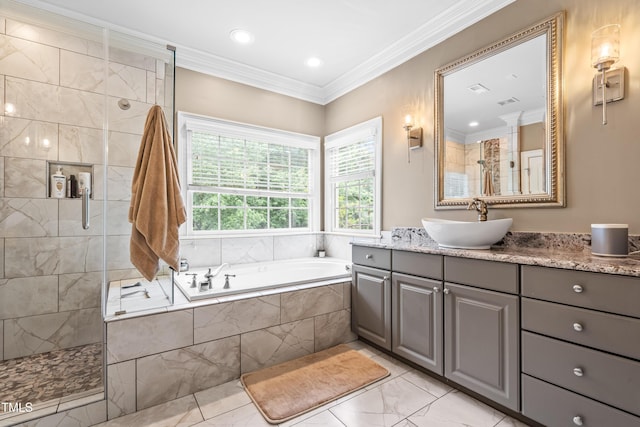 3821 Falls River Ave, Raleigh, NC 27614 - full bathroom with tiled shower, a bath, crown molding, marble finish floors, and vanity