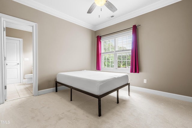 3821 Falls River Ave, Raleigh, NC 27614 - bedroom featuring baseboards, ornamental molding, light carpet, ceiling fan, and ensuite bathroom