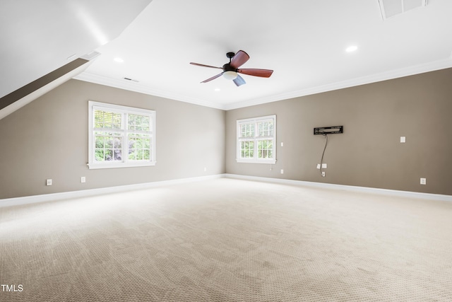 3821 Falls River Ave, Raleigh, NC 27614 - unfurnished room with light colored carpet, baseboards, ceiling fan, crown molding, and recessed lighting