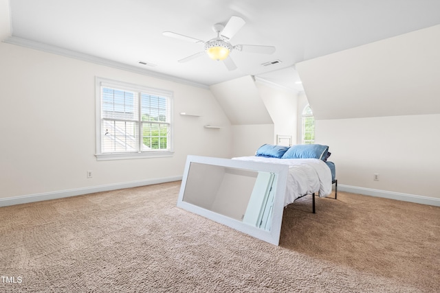 3821 Falls River Ave, Raleigh, NC 27614 - carpeted bedroom featuring baseboards, lofted ceiling, crown molding, and ceiling fan