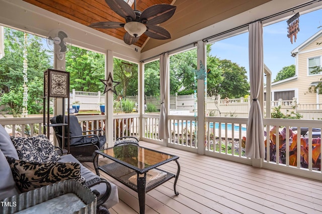 3821 Falls River Ave, Raleigh, NC 27614 - sunroom / solarium featuring ceiling fan, lofted ceiling, and outdoor lounge area