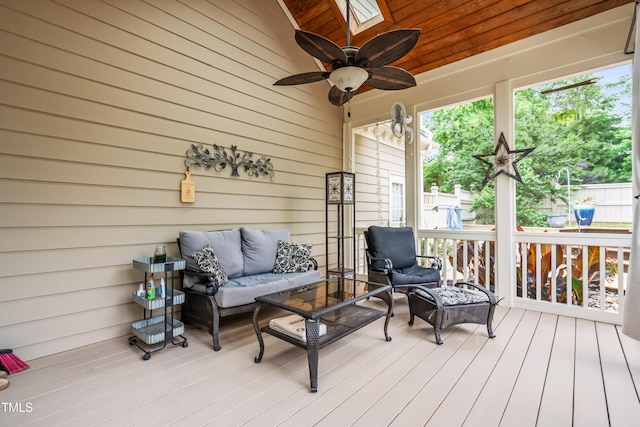 3821 Falls River Ave, Raleigh, NC 27614 - wooden terrace with outdoor lounge area and a ceiling fan
