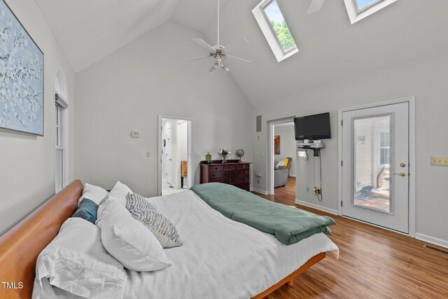 63 Tally Ho Dr, Selma, NC 27576 - bedroom featuring a skylight, high vaulted ceiling, wood finished floors, ceiling fan, and baseboards