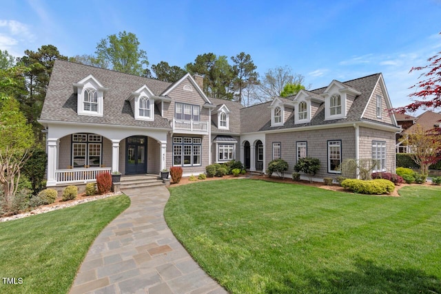 417 Westbury Dr, Chapel Hill, NC 27516 - view of front of property featuring roof with shingles, a chimney, covered porch, and a front lawn