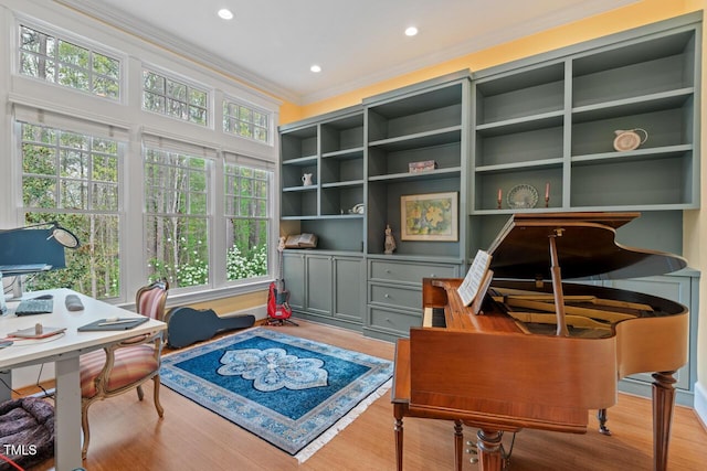 417 Westbury Dr, Chapel Hill, NC 27516 - interior space featuring crown molding, built in shelves, recessed lighting, and wood finished floors