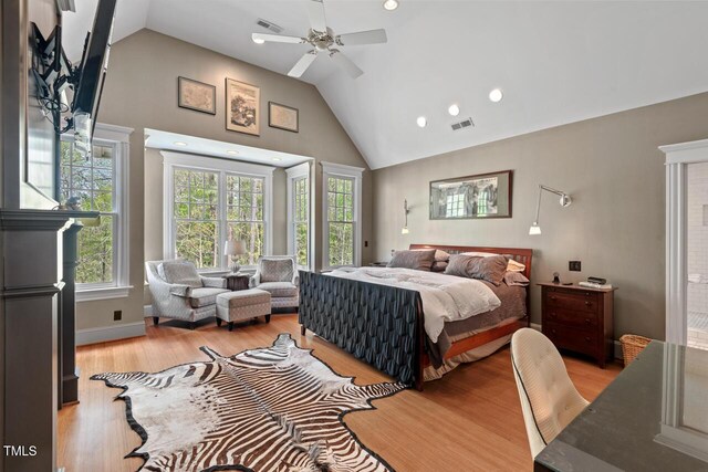 417 Westbury Dr, Chapel Hill, NC 27516 - bedroom featuring light wood-style floors, high vaulted ceiling, ceiling fan, and visible vents