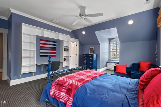 417 Westbury Dr, Chapel Hill, NC 27516 - carpeted bedroom with visible vents, baseboards, ceiling fan, crown molding, and lofted ceiling