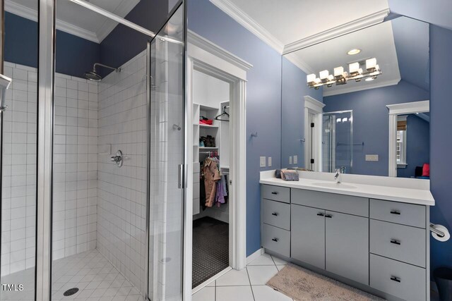 417 Westbury Dr, Chapel Hill, NC 27516 - bathroom featuring a shower stall, tile patterned flooring, and ornamental molding