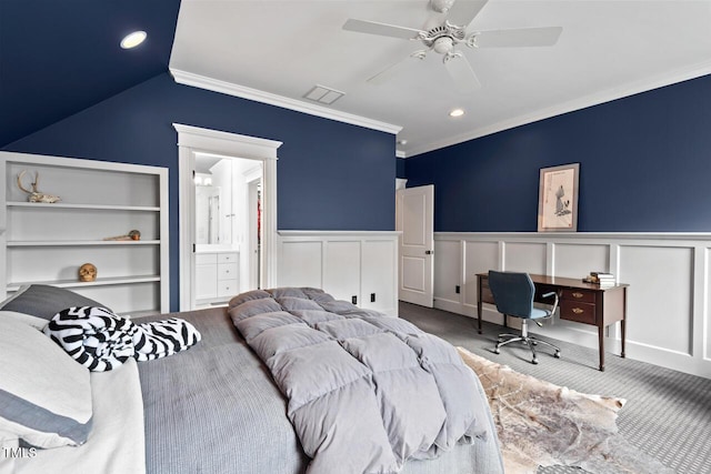 417 Westbury Dr, Chapel Hill, NC 27516 - bedroom featuring ceiling fan, ornamental molding, visible vents, a wainscoted wall, and carpet floors
