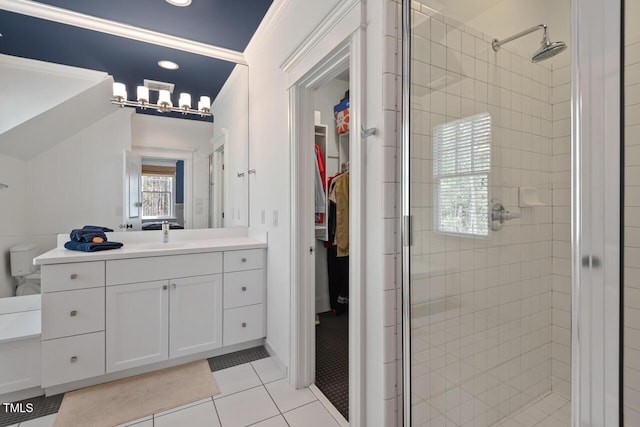 417 Westbury Dr, Chapel Hill, NC 27516 - bathroom with a stall shower, vanity, and tile patterned floors