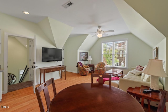 417 Westbury Dr, Chapel Hill, NC 27516 - interior space with ceiling fan, light wood-style flooring, visible vents, lofted ceiling, and baseboards