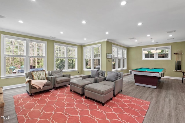 417 Westbury Dr, Chapel Hill, NC 27516 - recreation room featuring ornamental molding, billiards, a wealth of natural light, and wood finished floors