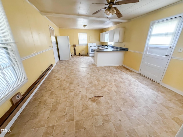 kitchen featuring white appliances, dark countertops, ceiling fan, a peninsula, and baseboard heating
