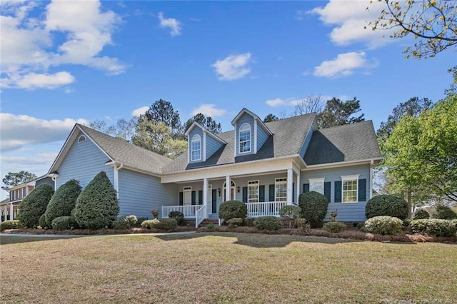 6826 Surrey Rd, Fayetteville, NC 28306 - cape cod-style house featuring a front lawn, a porch, and roof with shingles