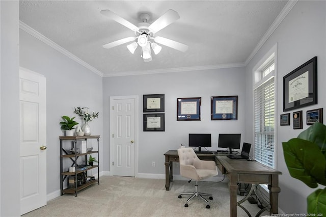 6826 Surrey Rd, Fayetteville, NC 28306 - home office featuring crown molding, baseboards, a textured ceiling, a ceiling fan, and light carpet