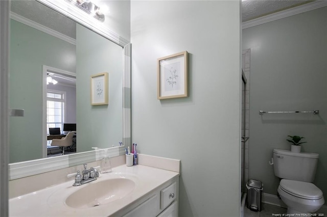 6826 Surrey Rd, Fayetteville, NC 28306 - bathroom featuring vanity, ensuite bath, toilet, and crown molding