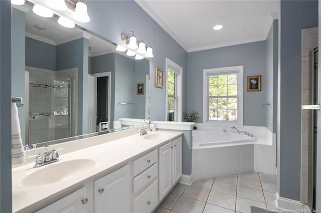 6826 Surrey Rd, Fayetteville, NC 28306 - full bathroom featuring tile patterned flooring, a sink, crown molding, and a bath
