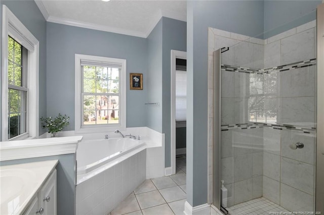 6826 Surrey Rd, Fayetteville, NC 28306 - bathroom with vanity, ornamental molding, a stall shower, and a bath
