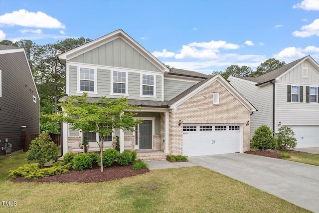 craftsman inspired home with board and batten siding, a front yard, brick siding, concrete driveway, and a shingled roof