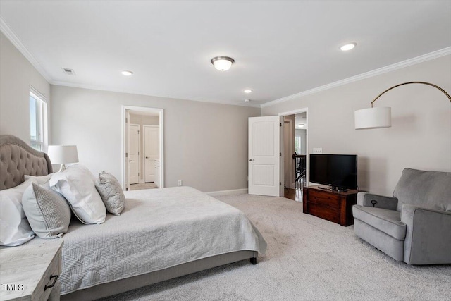 bedroom featuring recessed lighting, light colored carpet, and ornamental molding