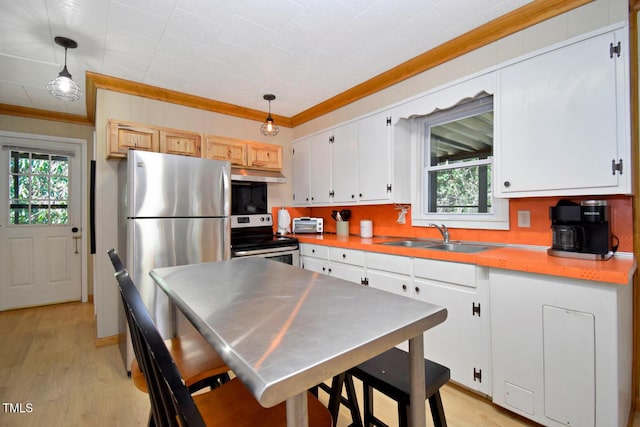 1471 Bamboo Rd, Boone, NC 28607 - kitchen with appliances with stainless steel finishes, under cabinet range hood, ornamental molding, a sink, and healthy amount of natural light