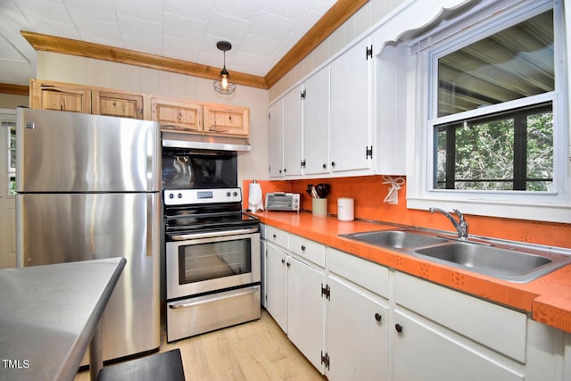 1471 Bamboo Rd, Boone, NC 28607 - kitchen with stainless steel appliances, crown molding, under cabinet range hood, a sink, and light wood-type flooring