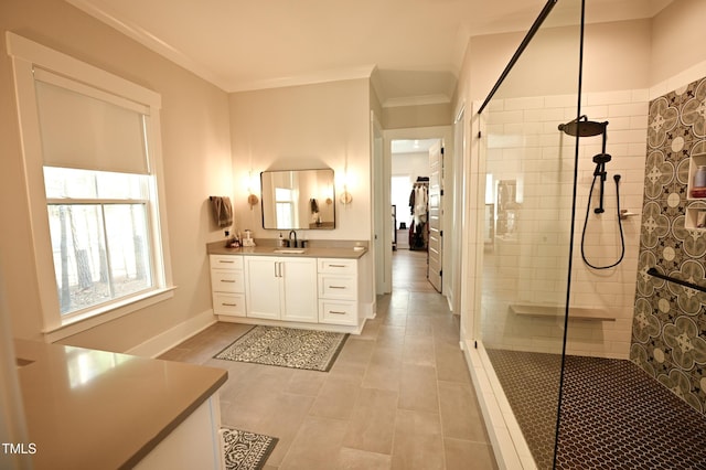 14 Duck Bill Trl, Pittsboro, NC 27312 - bathroom featuring vanity, a walk in shower, crown molding, and baseboards