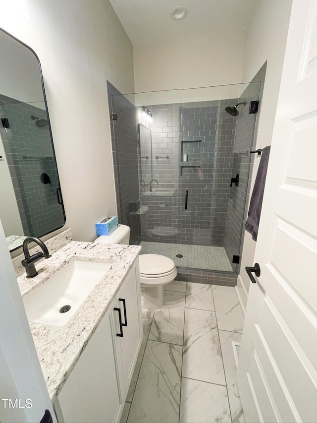 14 Duck Bill Trl, Pittsboro, NC 27312 - bathroom with toilet, a shower stall, marble finish flooring, and vanity