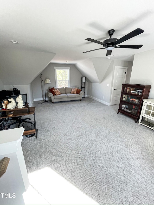 14 Duck Bill Trl, Pittsboro, NC 27312 - living area with carpet, ceiling fan, lofted ceiling, and baseboards