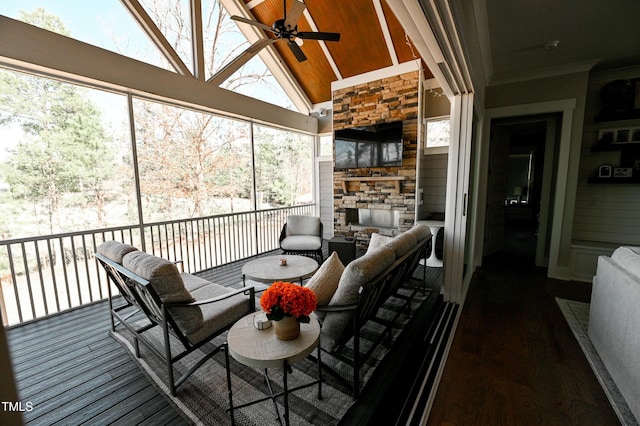 14 Duck Bill Trl, Pittsboro, NC 27312 - sunroom featuring ceiling fan and an outdoor living space with a fireplace