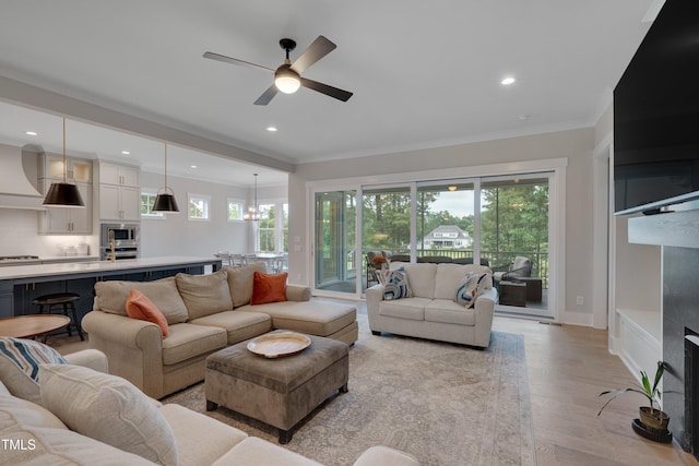 14 Duck Bill Trl, Pittsboro, NC 27312 - living area featuring crown molding, light wood-type flooring, ceiling fan, recessed lighting, and baseboards