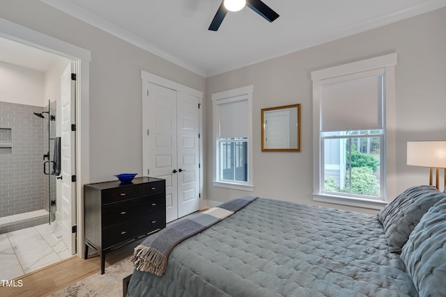 14 Duck Bill Trl, Pittsboro, NC 27312 - bedroom with ensuite bath, crown molding, ceiling fan, and light wood finished floors