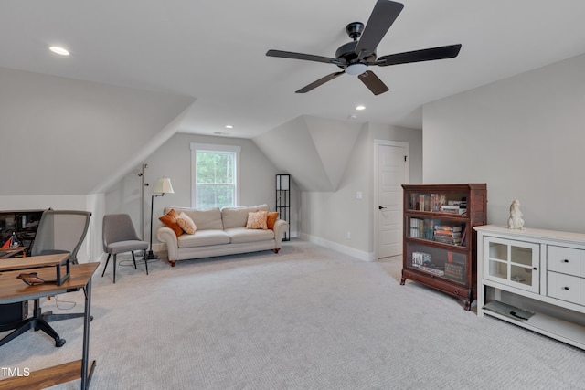 14 Duck Bill Trl, Pittsboro, NC 27312 - living area featuring a ceiling fan, lofted ceiling, light colored carpet, recessed lighting, and baseboards