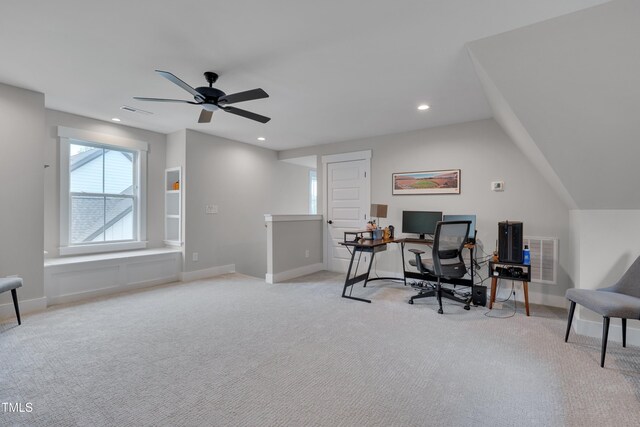 14 Duck Bill Trl, Pittsboro, NC 27312 - home office featuring light colored carpet, ceiling fan, recessed lighting, and baseboards